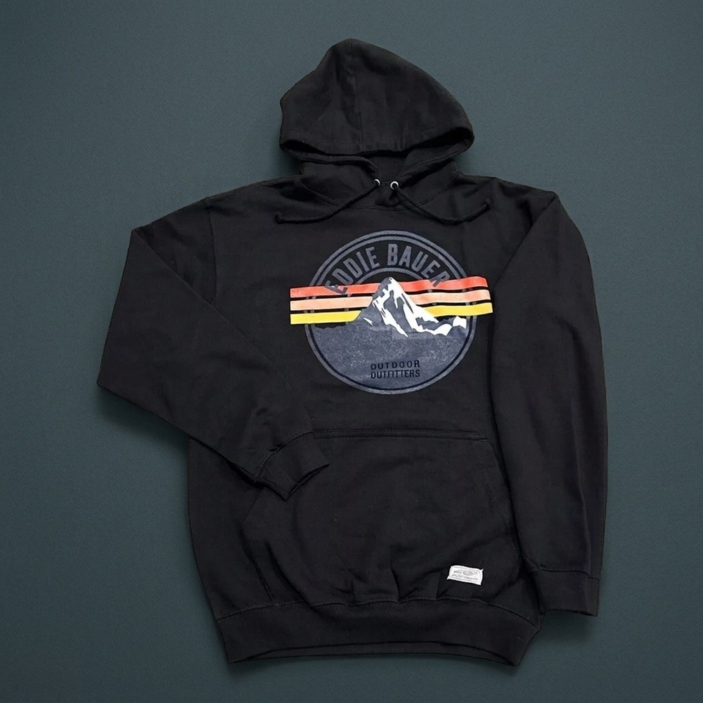 Eddie Bauer Outdoor Outfitters Hoodie Mens M Black Mountain Graphic Pullover